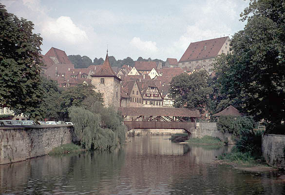 a river winds through town