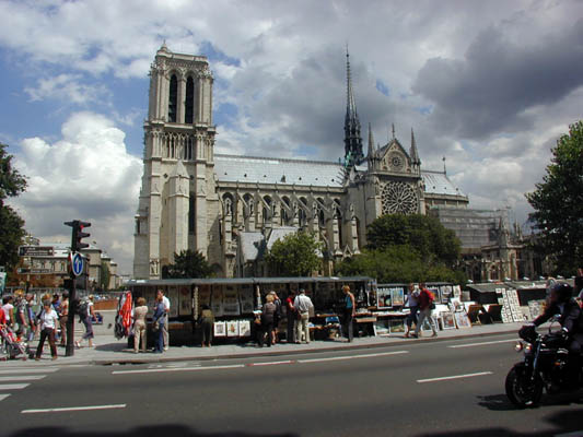 notre dame towers above the book peddlers