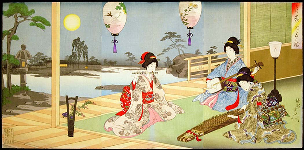 Chikanobu - Three Ladies Playing Instuments